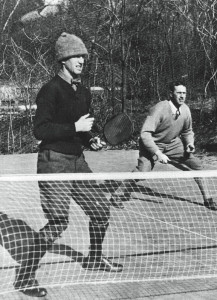 A cold winter day in 1930. Earle Gatchell (left) and Fessenden S. Blanchard on the first platform tennis court.