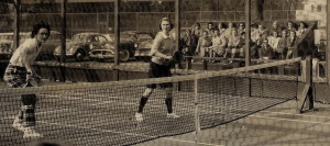 Ruth Walker (left) and Barbara Koegel in the finals of the 1959 Women's Nationals. They were defeated by Madge Beck and Susan Beck Wasch. Action is on court 1 at FMTC.