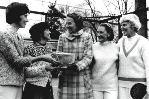 Ethel Kennedy (center) presents the trophy at a tournament in Chevy Chase, Maryland, to (from left) B. J. Debree, Gloria Dillenbeck, Peggy Stanton, and Charlotte Lee.