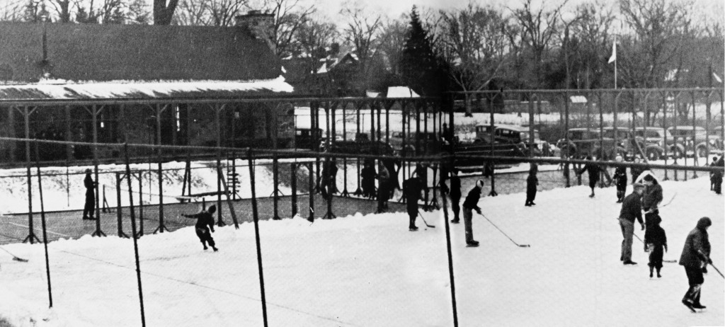 A busy day at Fox Meadow in the early 1940s. Platform tennis, hockey and skating keep members out of mischief.