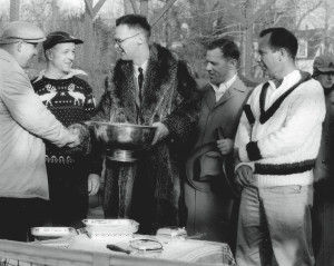 The awards presentation at the 1956 Men’s Nationals (from left): Bill Pardoe, George Harrison, Ted Cook (APTA president and tournament chair), Don McNeill, and Herman Schaefer