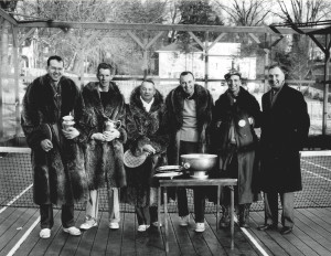 1959 Men’s Nationals: Jim Gordon and Bill Cooper (champions) with Jim Carlisle and Dick Hebard (1959 finalists, but champions in 1955 and 1958). Also pictured are Walter Close, tournament chair from Fox Meadow Tennis Club, and umpire Jack Whitbeck