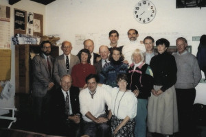 A 1993–94 APTA Board of Directors meeting at the Montclair Golf Club Paddle Hut. Standing back row: Reb Speare, Bob Brown, Chuck Vasoll, Peter Dodd, Walt Peckinpaugh, Pete McCormick, Carol York, and Bill Childs. Standing second row: Hope Kerr, Charley Stevens, Claudia Neal, and Nancy Mangan. Kneeling: Howard Sipe, Brian Zevnik, and Ginna Ohlmuller.