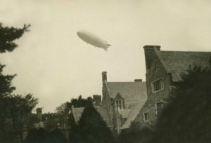 Gerrish took this picture of the Hindenburg flying over Princeton University on May 6, 1937, from his dorm room in Pyne Hall. The Hindenburg was on its way to the Lakehurst Naval Air Station at Lakehurst, NJ, where it caught fire and was destroyed.