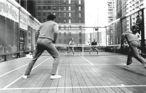 The final of the PRO- Keds Classic outside the Burlington House in Manhattan. Herb Fitz Gibbon and Hank Irvine (foreground), Chum Steele and Keith Jennings. The match was won by Fitz Gibbon & Irvine